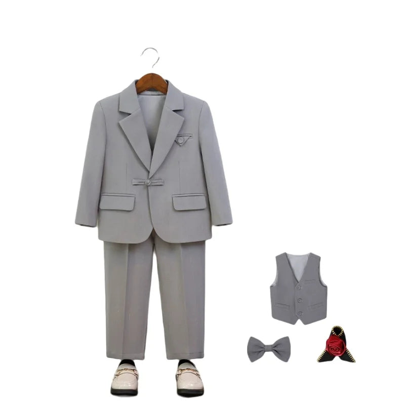 Gentleman Boys 5Pieces Formal Wedding Suit Set With Jacket Vest Pants Bowtie Brooch Kids Birthday Piano Performance Costume
