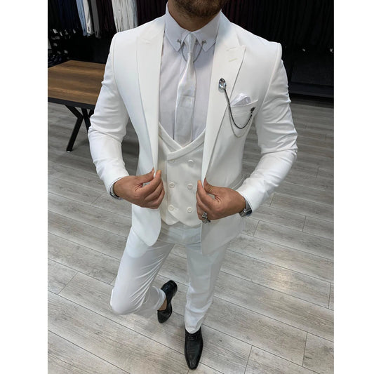 Luxury White Terno Men Suits for Wedding Groom Three Piece Slim Fit Costume with Jacket Pants Vest Masculinos Blazer