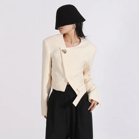 Women Blazer Niche Design O-Neck Single Button Irregular Slanted Hem Patchwork Trendy Short Suit-Coat Spring Autumn HK24173
