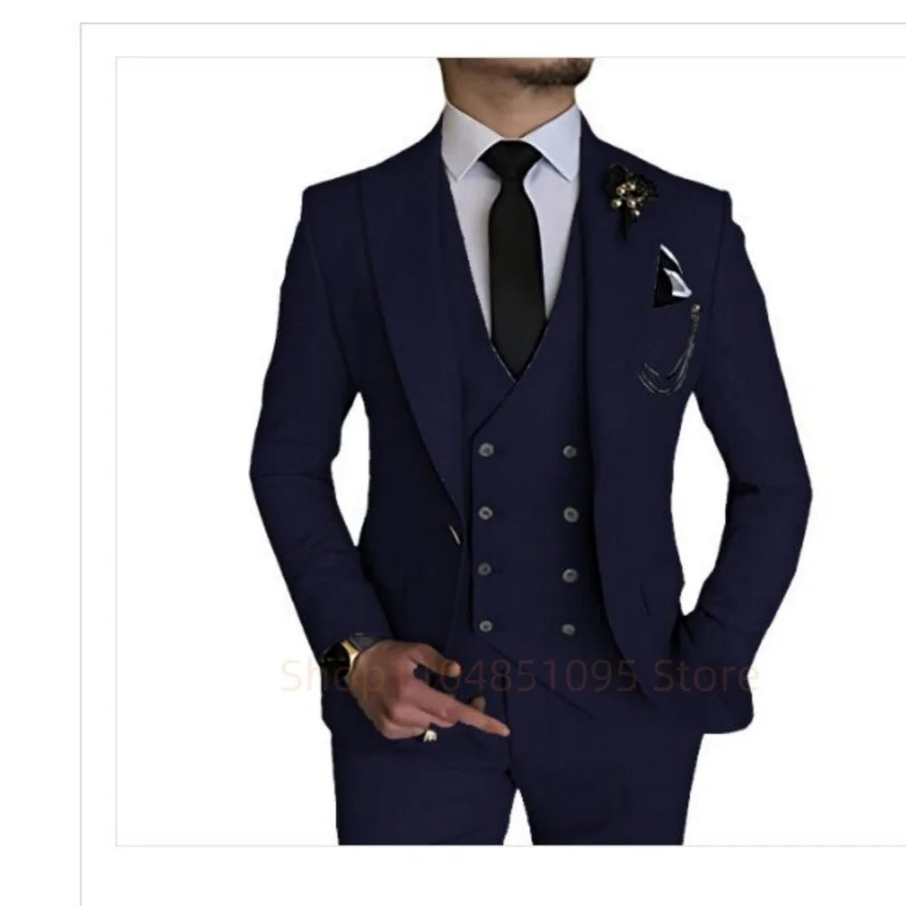 3 Piece Men's Wedding Dress Suits Slim Fit Peak Lapel Blazer+Vest+Pants Groom Tuxedos for Party Formal Suit Elegant Men Clothes