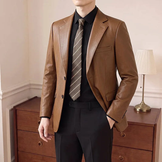 Korean Autumn Slim Fit Leather Suit Jacket Men Fashion Business Casual Blazers Social Wedding Groom Dress Coats Costume Homme