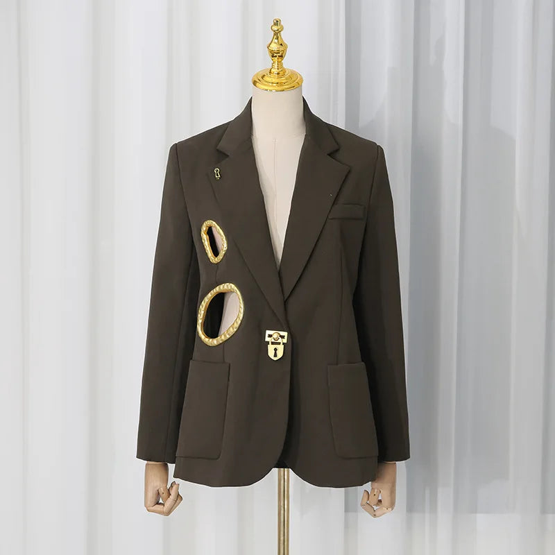 Women Blazer Elegant Fashion Metal Hollow Out Design Long Sleeve Loose Versatile Trendy Suit-Coat Spring Autumn New HK26606