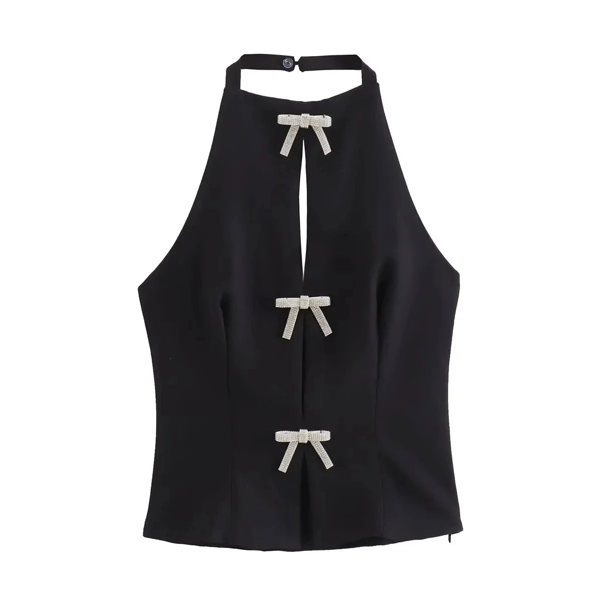 Rhinestone Bow Halter Top Women Off Shoulder White Crop Top Woman Party Backless Sexy Tops Summer Cut Out Short Black Top