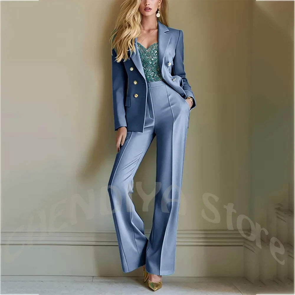 Solid Color Suit For Women High Quality Double Breasted Two Piece Notch Lapel Slim Fit Elegant Fashion Female Outfit Jacket Pant