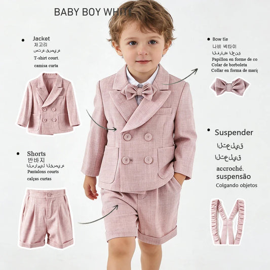 Baby Boys Pink Linen Suit 3PCS Double Breasted Blazer Bowtie Formal Gentleman Outfit Wedding Birthday Photography Kids Costume