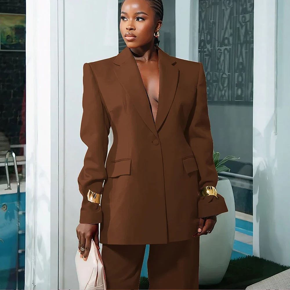 Elegant Women's Suit Autumn New Red Clothing Single Button Notch Lapel Blazer Pant Sets Formal Slim Fit Office Party Outerwears