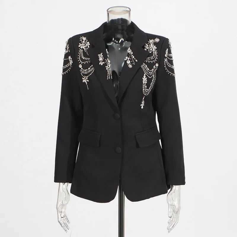 Autumn New Women Stylish Blazer Heavy Craft Beaded Studded Diamonds Single Breasted Elegant Temperament Fashion Coat HK9958