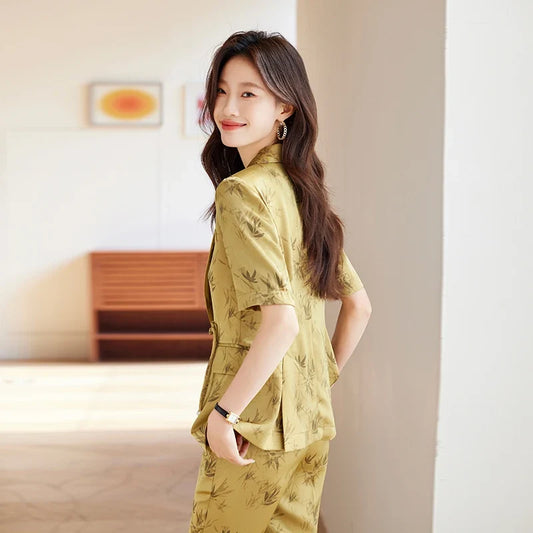 Pink fashionable business ladies' clothing, bamboo leaf pattern suit, two-piece pants + blazer, soft and comfortable,