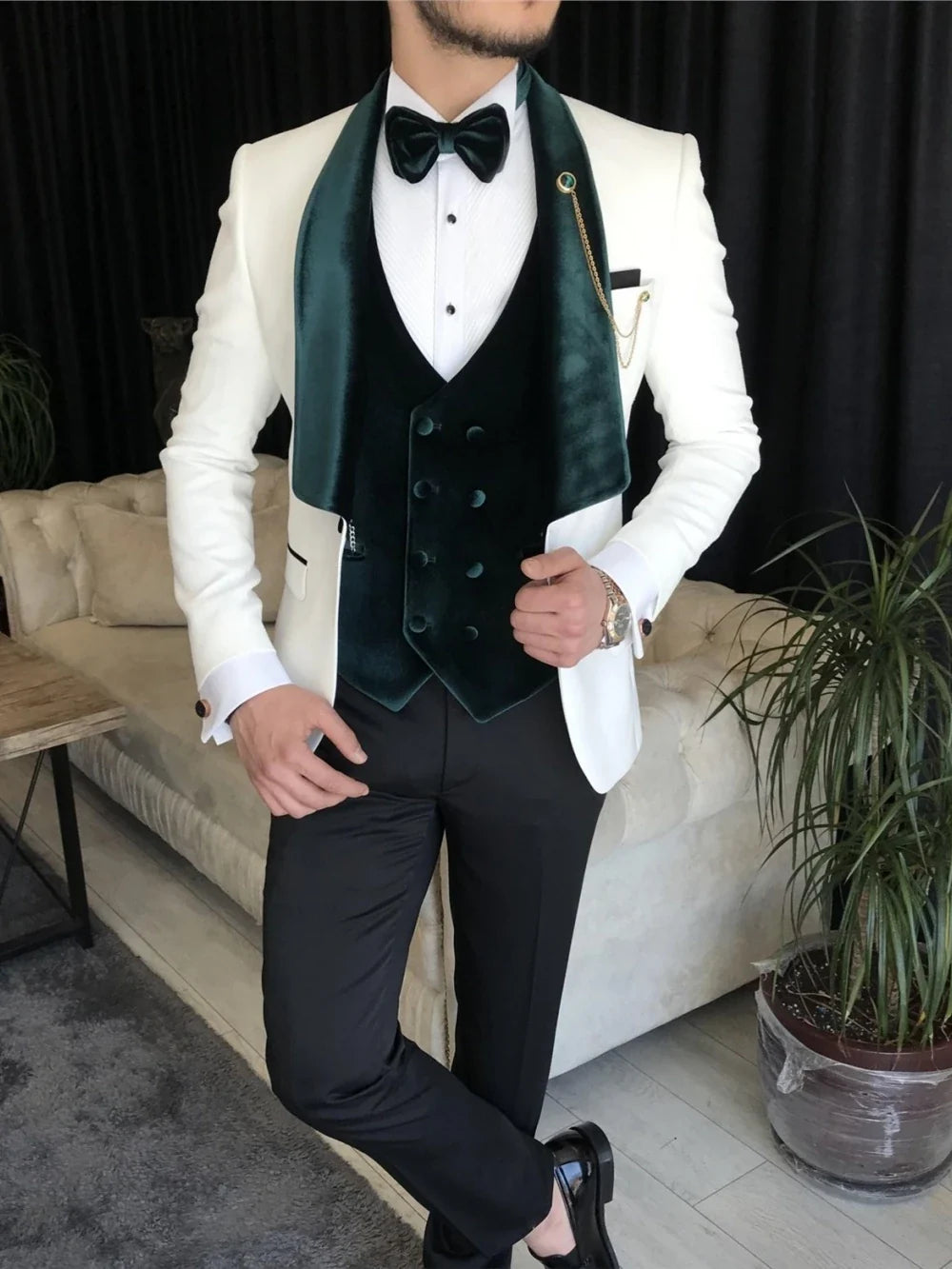 High Quality Velvet Collar Suit Set 3 Pieces,Stylish Regular Fit Men's Suits,Customized Shawl Lapel Tuxedo For Men Prom Wear