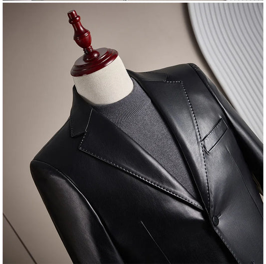 Autumn Winter New Vintage Leather Jacket Highend Fashion Solid Slim Fit Suit Coats Men Business Casual PU Leather Suit Tuxedo