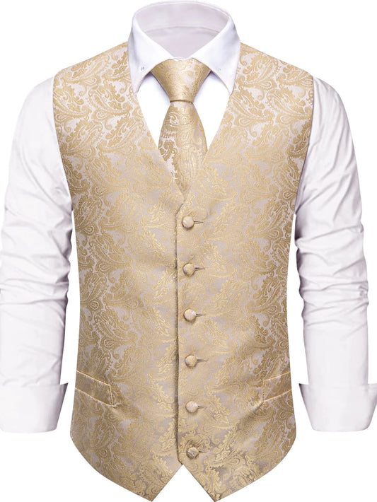Men's Paisley Waistcoat 4-Piece Set – V-Neck Vest, Tie, Pocket Square & Cufflinks for Weddings & Formal Events