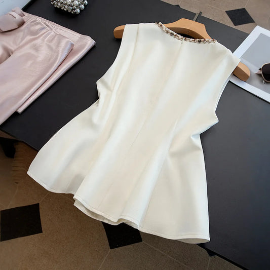 2026 Summer New Top Women's Commuting Simple Solid Slim Short Sleeveless Suits Coat Round Neck Shirt Women Zipper Blazer Vests