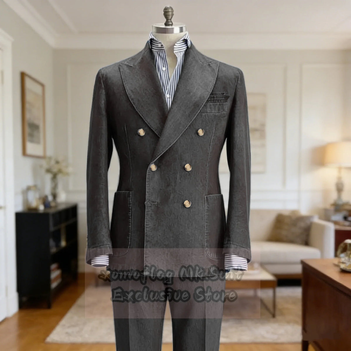 Men's Denim Suit Set Double Breasted Slim Fit Blazer and Trousers for Men