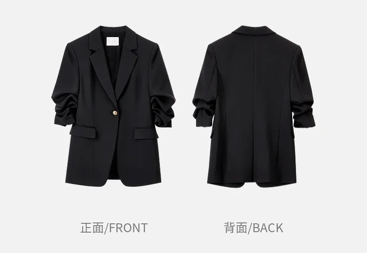 Women's Blazer 2026 Spring Fall Shoulder Pad Gathered Cuff Legant Draped Office Ladies Jackets Woman Clothes 151X57670