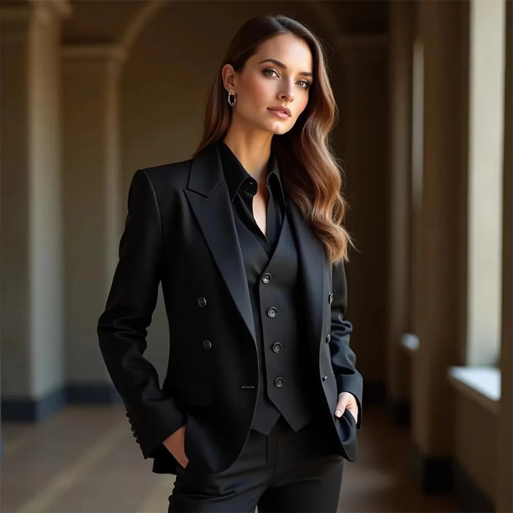 New Black 3 Piece Women's Suits Lady Business Office Tuxedo Jacket Vest Pants Set for Wedding Party Formal Occasions Office