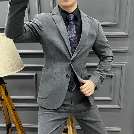 Men's Autumn Winter Chunky Two-Button Formal Two-Piece Set Business Fashion Suit Plus Trousers High Quality 2024