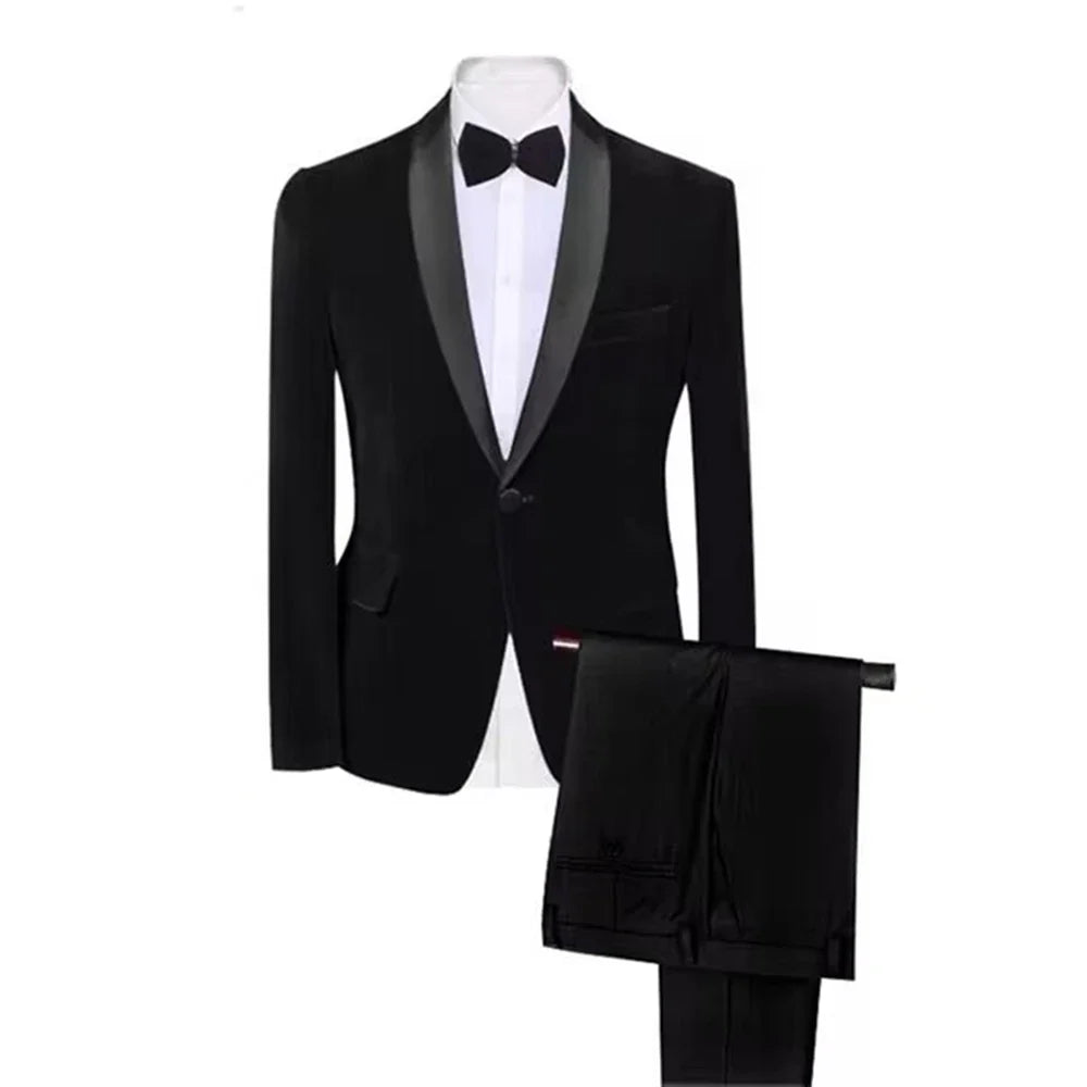 Costume en velours pour homme, coupe ajustée, 2 pièces, revers châle/cranté, pour affaires, mariage, fête, veste et pantalon