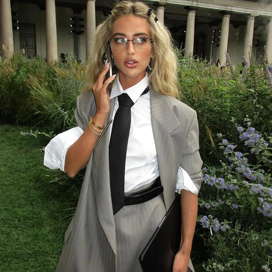 Elegant Women Grey Pinstripe Suit Set Blazer+Midi Skirt 2 Piece Preppy Office Lady Outfit Modern Single Breasted Jacket