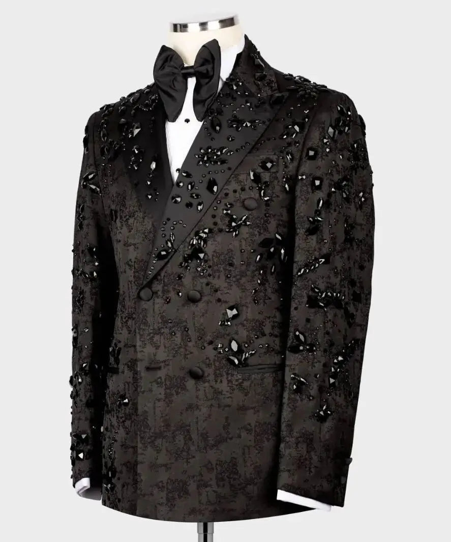 Modern Men's Suit Crystal Beads 2 Pieces Blazer Pants Double Breasted Business Formal Work Wear Wedding Groom Customized Homme