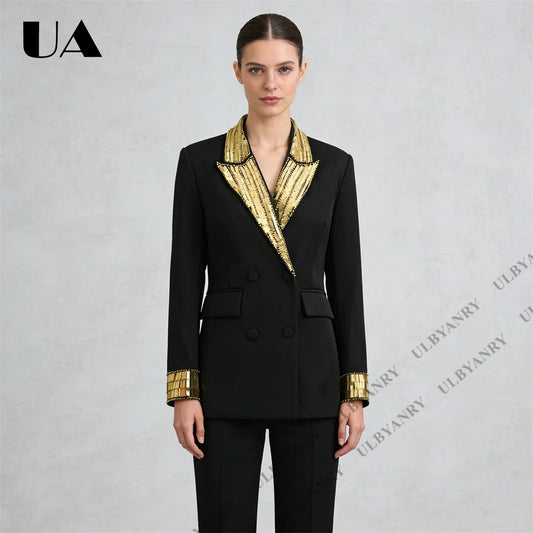 Women's Black Sequin-Embellished Double-Breasted Blazer with Gold Accents for Masquerade Ball Bold Stylish Dinner Suit Jacket