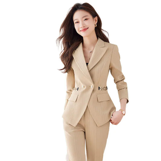 2024 Spring Autumn New Retro Striped Elegant Blazer Coat And High Waist Flare Pant Two Piece Set Women's Suit Business Clothing