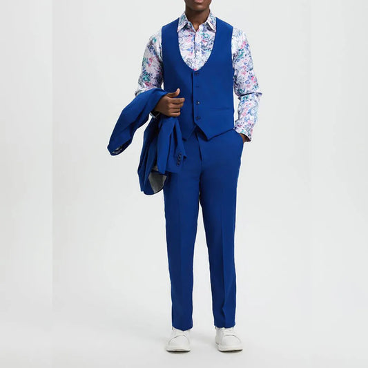 Customized Royal Blue Men Suits For Wedding Male Clothing One Button Peak Lapel Slim Fit 3 Piece Jacket Pants Vest Male Clothing