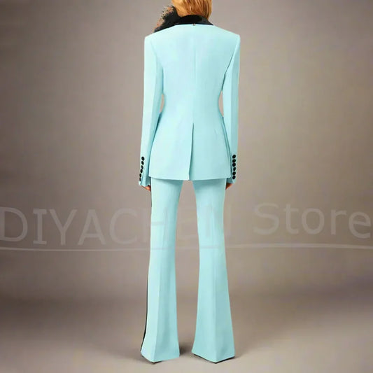 New Women's Suit Set with Black Trim Fashion Blazer with Flared Pants Two Piece Vintage Elegant Wedding Party Prom Suits