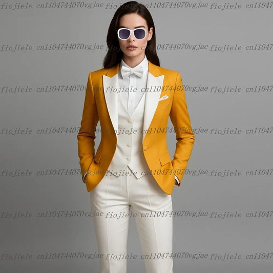 New Yellow White Formal Business Women Suit Wedding Party Prom Ladies Mother Girl Tuxedos Costume 3 Piece Set Blazer Vest Pants
