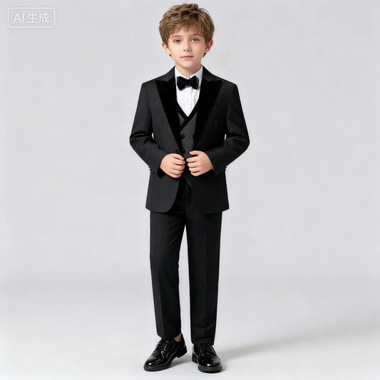 Boys 4-Piece Formal Suit Set with Velvet Collar for Weddings & Special Occasions – Jacket, Vest, Pants & Bow-Tie