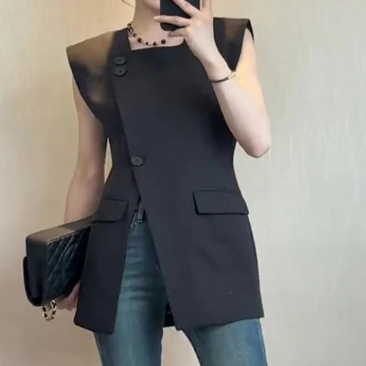 2025 European Black Suit Vest Summer Square Neck Wide Shoulder Waistcoat Commuter Design Split Sleeveless Top femininas