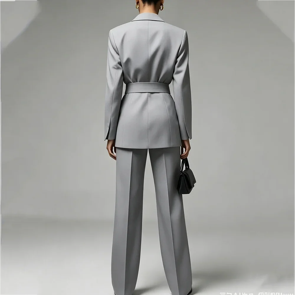 Elegant Grey Women Pant Suits Belted Wrap Notched Lapel Blazer Straight Fit Office Business Formal Party Professional Outfit