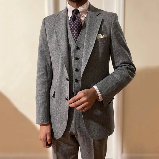 Men Suit Gray 3 Pcs Herringbone Single Button With Lapel For Wedding Birthday Banquet Party Prom Business Work Jacket Vest Pants