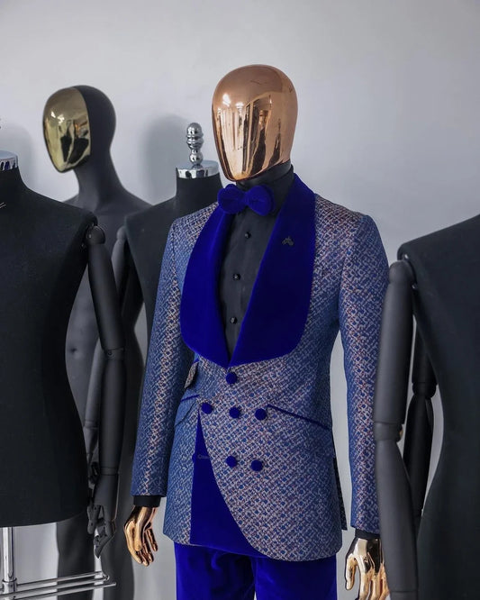 Luxury Men's Suit 2 Pieces Jacquard Blazer Pants One Button Velvet Wide Lapel Formal Business Slim Wedding Groom Costume Homme