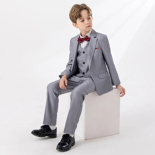 Boys Gray 3Pieces Formal Wear With Jacket Vest Pants Kids Birthday Wedding Party Outfit Children's Piano Performance Costume