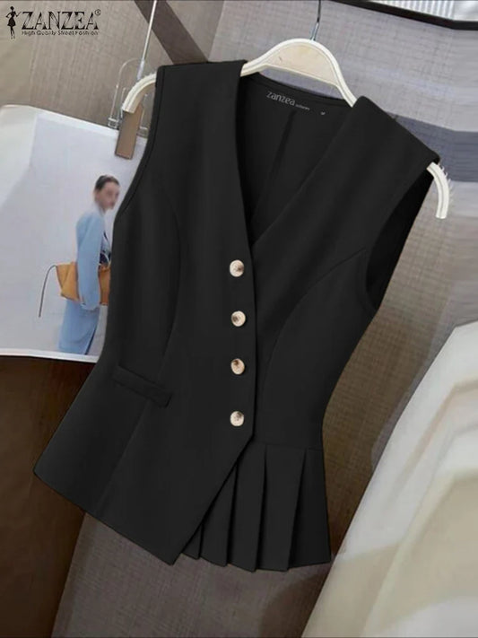 Stylish Diagonal Front Vests Women Casual V-Neck Sleeveless Pleated Hem Lightweight Waistcoats Office Wear Commuting Tops