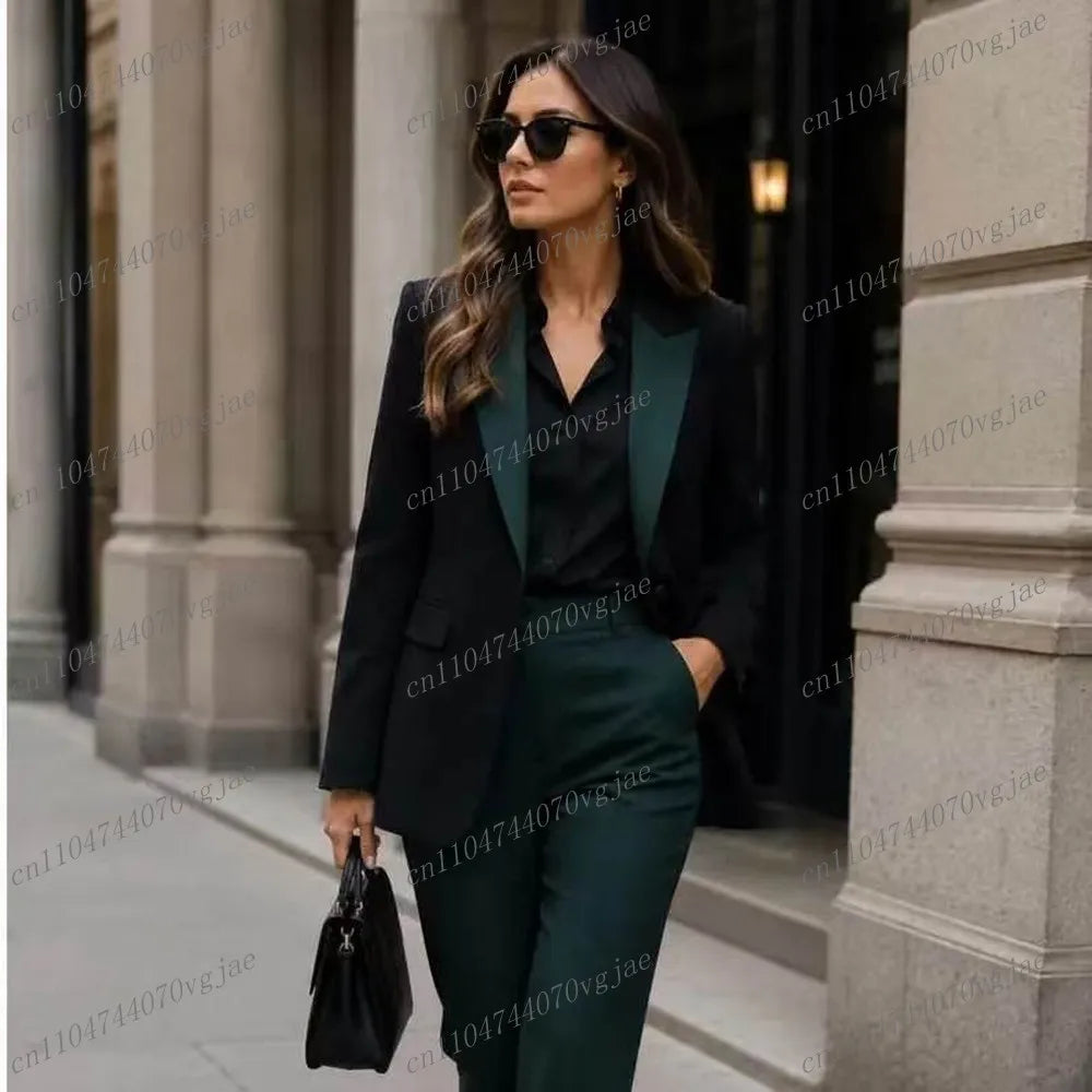 Dark Green And Black Formal Business Women Suit Wedding Party Prom Ladies Mother Girl Tuxedos Costume 2 Piece Set Jacket Pants