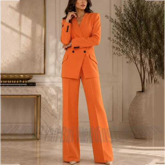 Chic Orange Suit For Women Two Pieces Double Breasted V-Neck Straight Trouser Set Wedding Guest Cocktail Event Formal Outfit