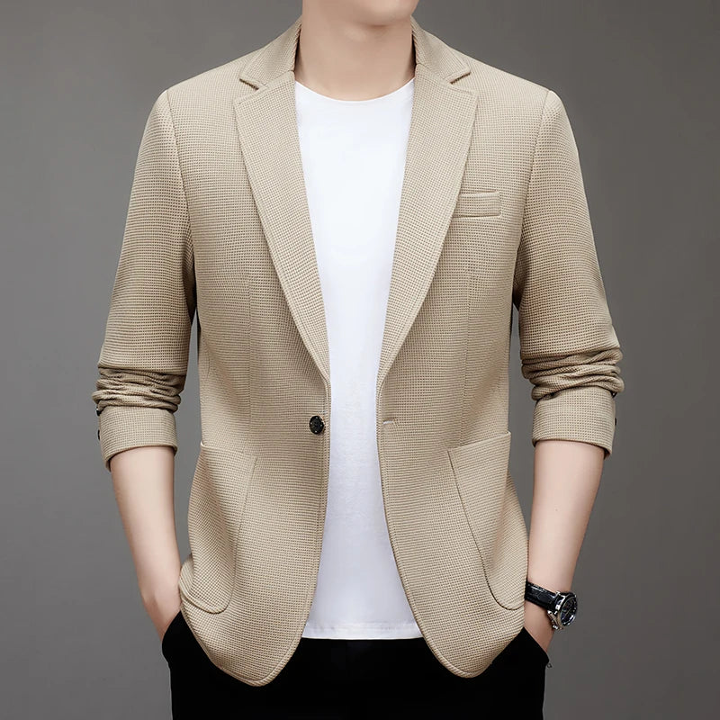 New men's suit jacket with non-stretch flat collar, waffle pattern, for business casual and fitted formal wear.