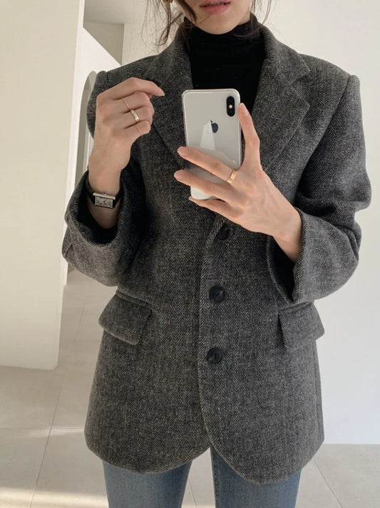 Ele Loose Midi Suit Jaet for Women Autumn Winter 2023 Vintage Sle Long Collarl Coat Commute Faion Single Color