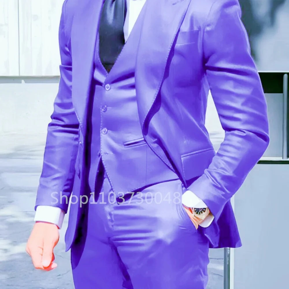 3PCS Men's Formal Tuxedo Set with Peaked Lapel Blazer Vest Pants - Fashion Business Suits for Wedding Party Groom