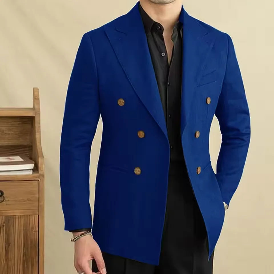 Vintage Men's Linen Blazer Double Breasted Peak Lapel Slim Fit Jacket Breathable Soft Wrinkle Free Business Casual Men Suit Coat