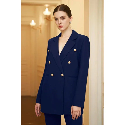 Formal Suits for Women Navy Blue Elegant Peak Lapel Double Breasted 3 Piece Fashion Casual Office Pants Sets (Blazer+Vest+Pants)