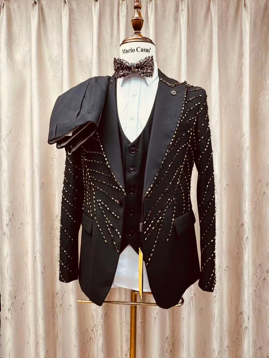 Luxury Black Beaded Men's Suits 3 Pieces Wedding Groom Sets Formal Man Peak Lapel Suit Set Banquet Party Wear Plus Size Tuxedo