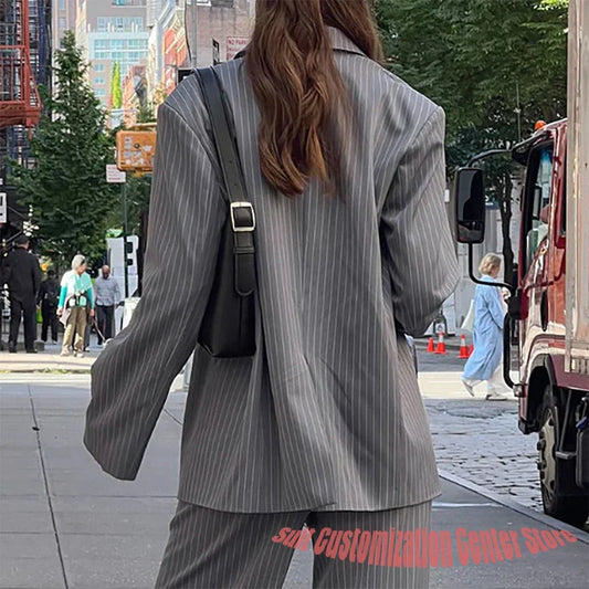 Grey Pinstripe Daily Women's Suit 2Piece(Jacket+Pants) Set Double Breasted Notch Lapel Blazer Casual Streetwear Office Outfit