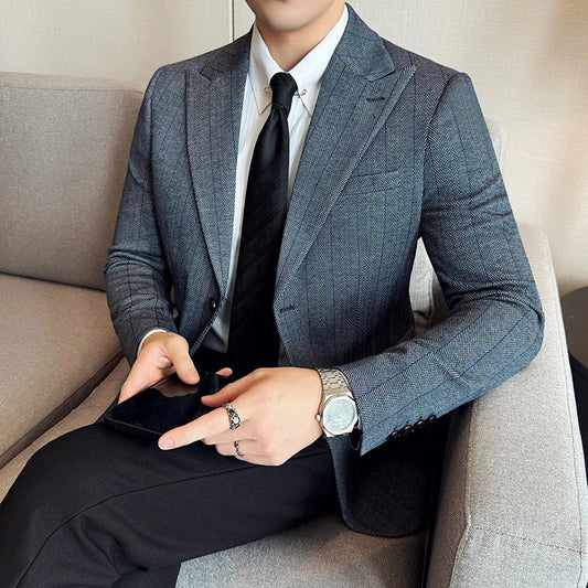 Autumn Winter Men's Striped Suit Jacket Long Sleeve Slim Casual Business Blazers Slim Fit Wedding Groom Dress Men Clothing