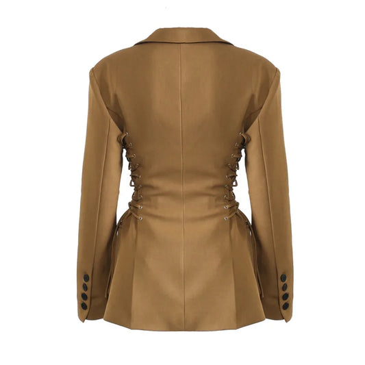 Spring Autumn New Women Blazer Notched Collar Single Button Lace-Up Waist Cinching Slim Fit Elegant Fashion Jackets HK13264