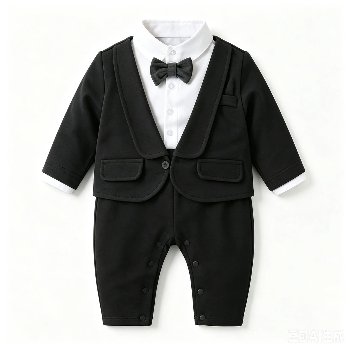 Toddler Baby Boy Black Tuxedo Romper Suit Fake Blazer Long Sleeve Jumpsuit With Bow Tie Wedding Baptism Gentleman Formal Outfit