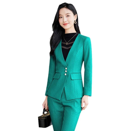 Purple Green Fashion Women Pant Suit Office Ladies V-Neck Slim Jacket Blazer And Trouser Female Work Wear Formal 2 Piece Set