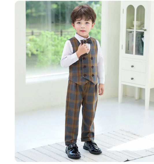 Kids Yellow Plaid Suit Set Boys 5Pieces Formal Wedding Outfit With Jacket Vest Pants Bowtie Brooch Children's Birthday Blazer