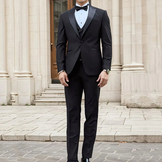 Men Suit 3 Pieces Black With Bright Lapel For Wedding Banquet Birthday Business Work Daily Tuxedo Set Jacket Vest With Pants